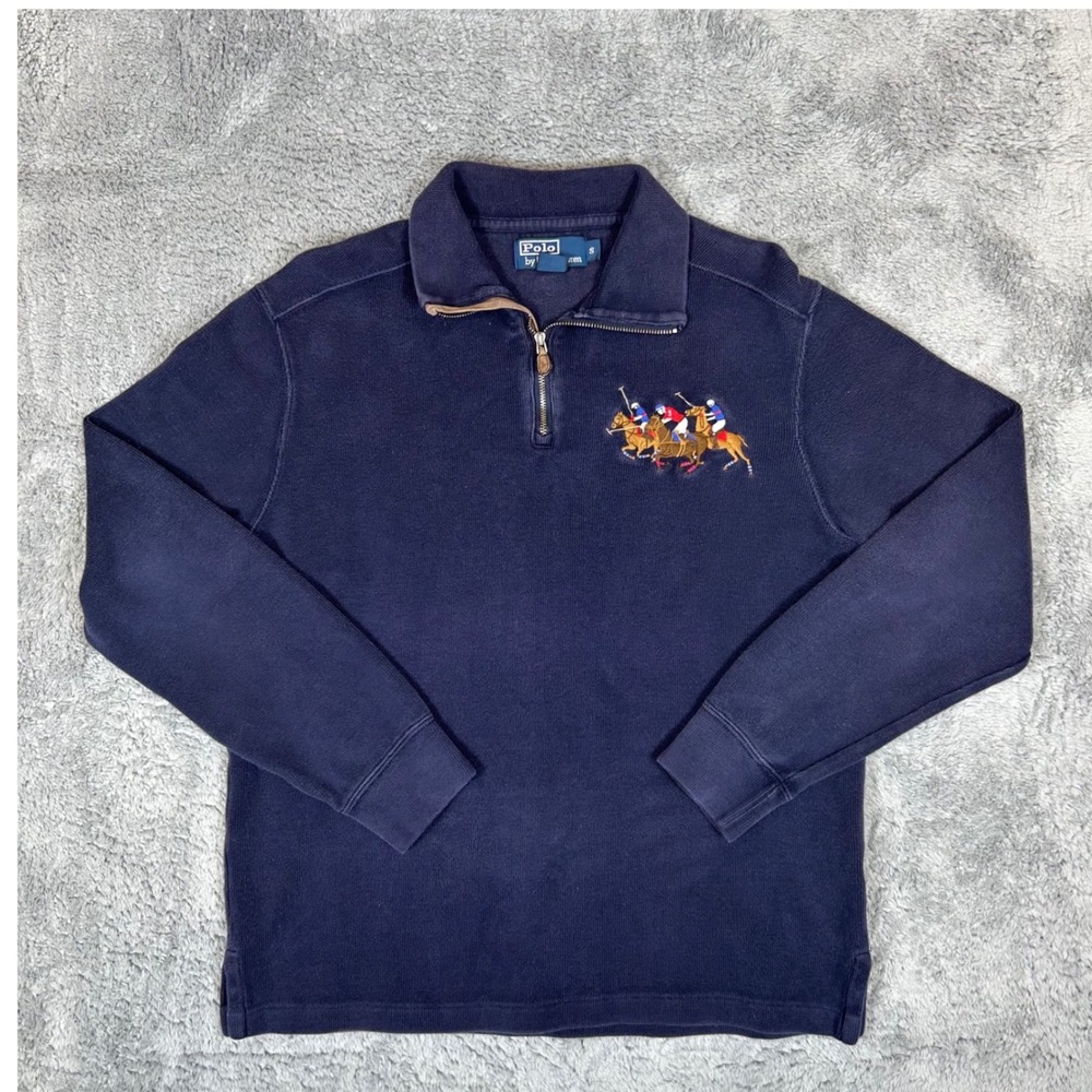 Polo Ralph Lauren Mens Small Navy Blue Triple Pony Quarter Zip Cotton Sweater